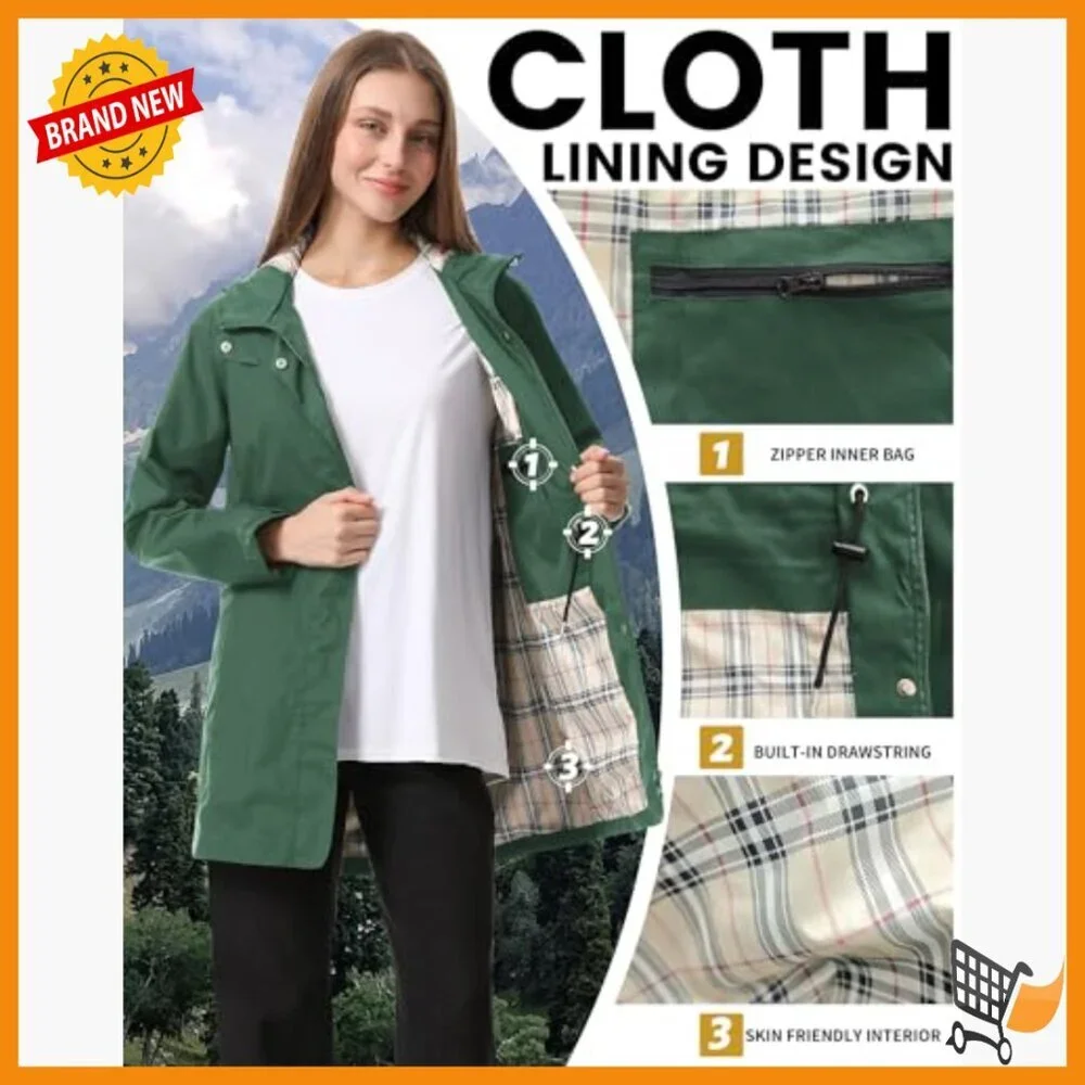Women's Waterproof Trench Coat Packable Hooded Rain Jacket Outdoor